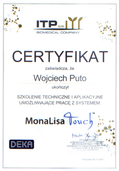 Certyfikat MonaLisa Touch dla lek. med Wojciecha Puto